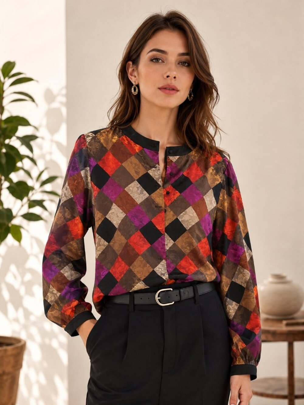 Vintage LA CHEMISE Blouse Made in USA Patchwork Geometric Print Boho Chic 80s 90